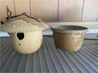 Pottery, planter and birdhouse
