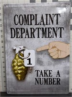 Complaint department metal sign