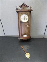 MAHOGANY CASED WALL CLOCK WITH KEY & PENDULUM