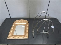 GILT FRAMED WALL MIRROR & CHROME MAGAZINE RACK