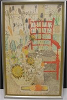 Floral Garden Pictuere W/ Red Chair 34" x 22"