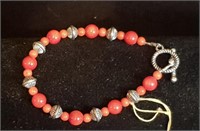 Red Coral & Silver Tone Bracelet