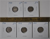 1910 thru 1914 silver Canada 5 cent coins