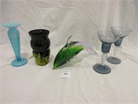 An Art Glass Lot:  Vases, Stemware, Porpoise