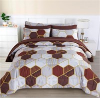 Brown Geometric King Size Comforter Set 6Pcs READ
