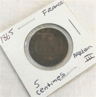 1865 French 5 Centimes coin.
