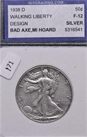 1938 D IGS F 12 WALKING HALF DOLLAR