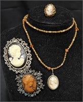 Cameo Lot - Necklace, Brooches, Ring Sz 5