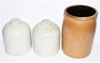 Stoneware crock (cracked and (2) stoneware