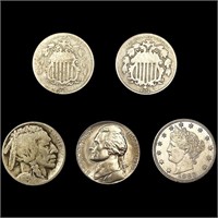 [5] Varied US Nickels (1866, 1872, 1883, 1915-S,