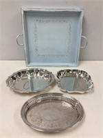 Wood Serving Tray, Three Silver Plate Trays