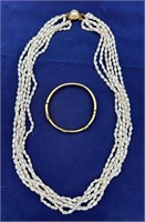 3 Strand Pearl Necklace and Golden Bangle