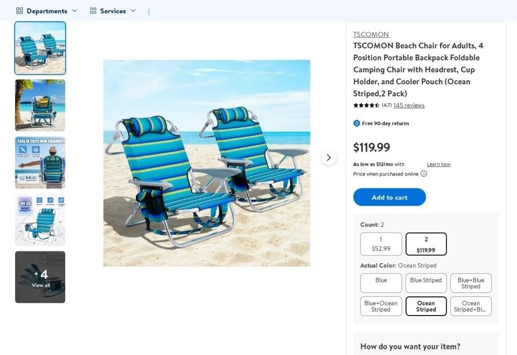 E4129  TSCOMON Beach Camping Chair, Ocean Striped,