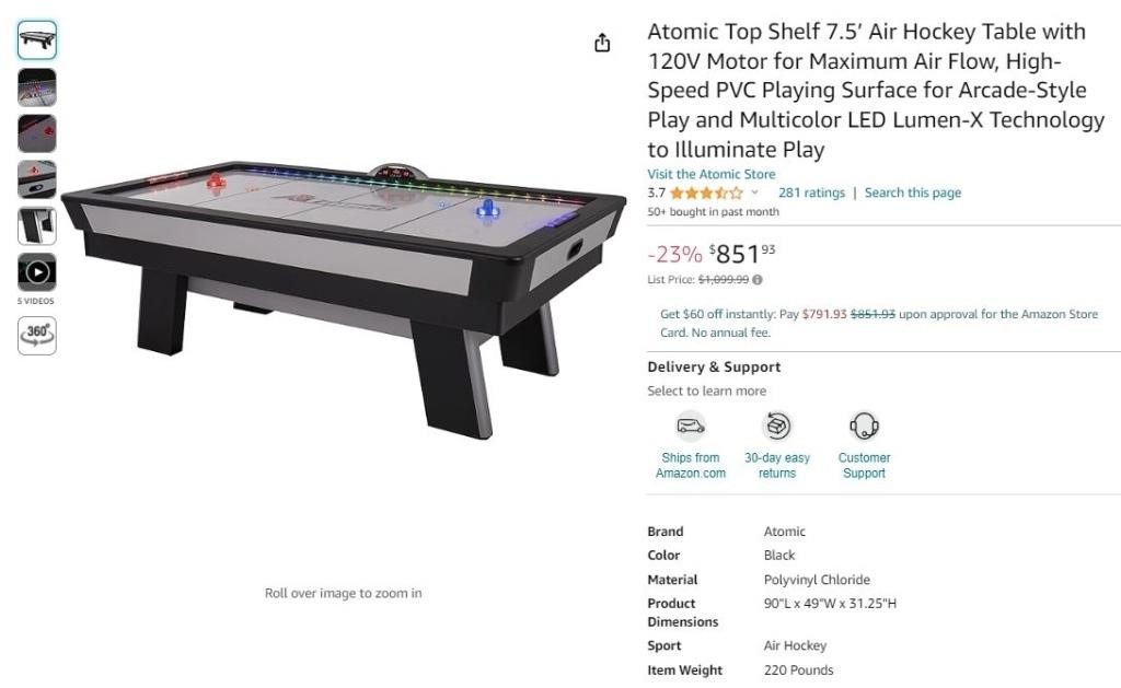 W1002 Top Shelf 7.5’ Air Hockey Table w/120V Motor