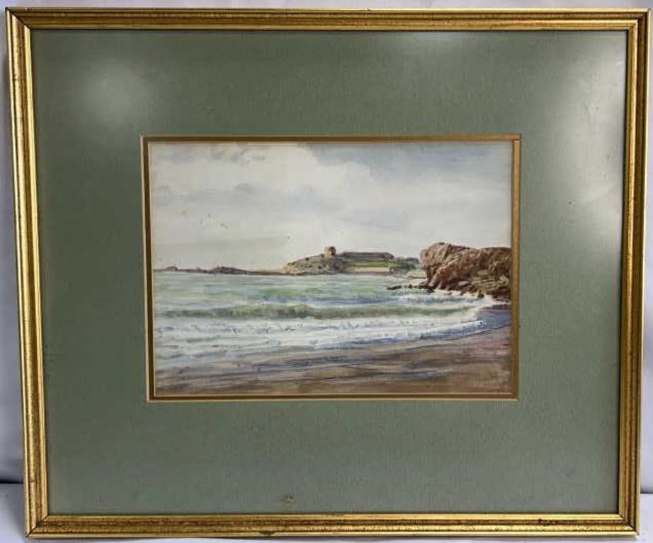 Antique 1900s Beach Landscape Watercolor Painting