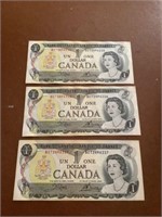 3 one dollar Canadian bills consecutive numbers