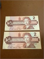 Two Canadian two dollar bills