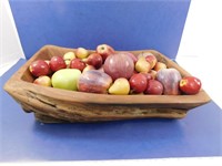 Large Wooden Bowl with Artificial Fruit