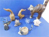 Animal Figurine Lot--Handmade Carved Ducks, Cat,