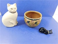 Home Decor Lot--Painted Pot, Cat, Avon Cologne