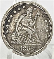Key 1858-S U.S. Seated Liberty Silver Quarter XF