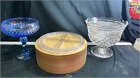 Lazy Susan, wood, pedestal clear glass bowl, blue