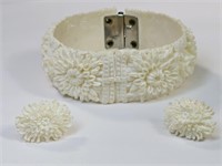 Vintage White Floral Celluloid Bracelet & Earrings