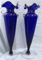 2 VINTAGE ELEGANT COBALT BLUE TAPER GLASS VASES