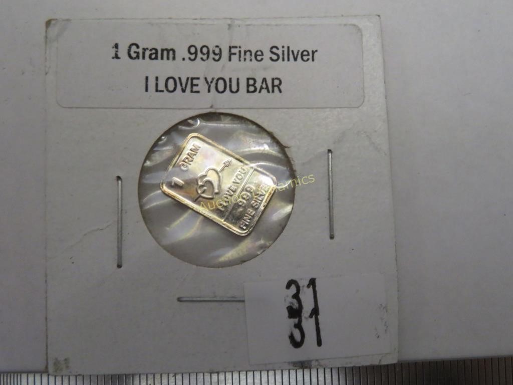 1 Gram .999 Fine Silver, I Love You Bar