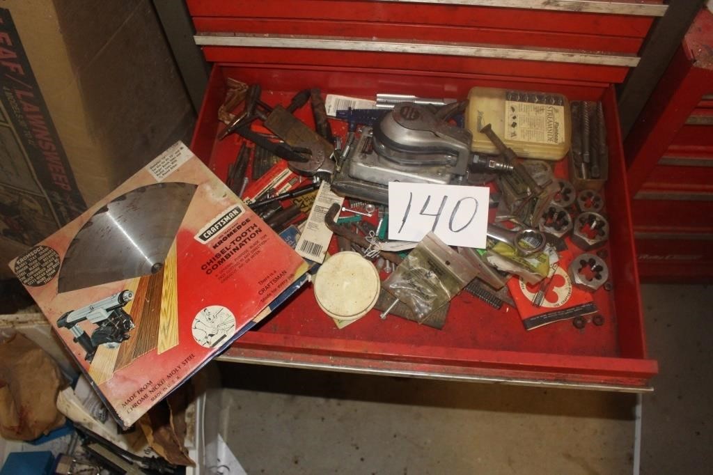 MISC BUCKET OF TOOLS, BLADES, DRILL BITS, TAPS,