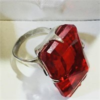 Sterling Silver Ring With Large Red Stone & Case