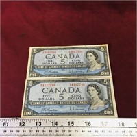 Lot Of 2 1954 Canada $5 Banknote Paper Money Bills