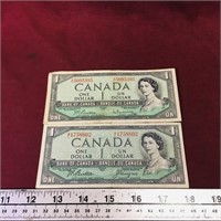 Lot Of 2 1954 Canada $1 Banknote Paper Money Bills