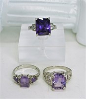 3 Sterling Purple Gemstone Rings