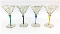 (4) Gold Swirl Art Glass Martini Glasses Stemware