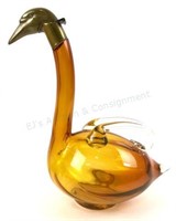 Vintage Glass Duck Decanter W/ Brass Head