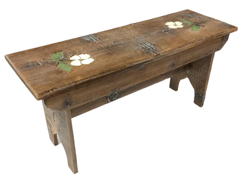 Primitive Style Small Pine Bench with Flowers