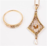 10K Diamond Jewelry Lot: Lavalier, Chain & Ring.