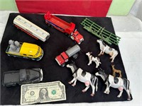 BOX OF SMALL TRUCKS & ANIMALS