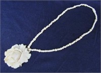 HAND-CARVED IVORY "ROSE" PENDANT & NECKLACE