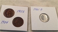 1961 D silver dime 1903 1904 Indian head penny's