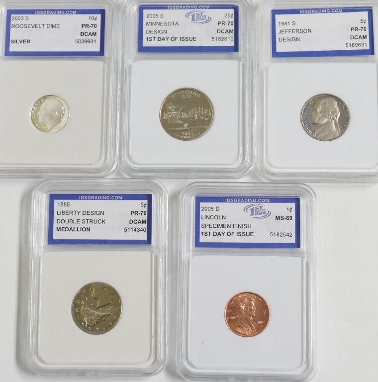 5// MIXED IGS GRADED COINS