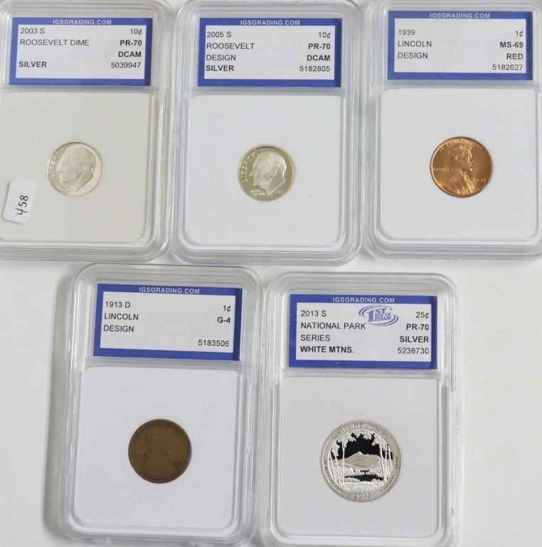 5// MIXED IGS GRADED COINS