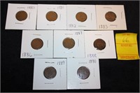 9 Indian Head pennies 1880-1890