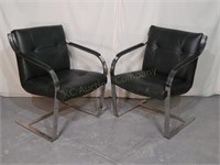 Pair Brueton Chrome & Green Arm Chairs