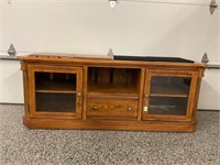 OAK GLASS FRONT TV STAND WITH BUILT IN POWER STRIP