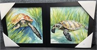 New, Pair Swimming Turtles, Framed in Black Frame