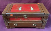 Oriental Jewelry Box W/ Contents, Mirror, 2 Drawer