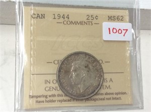 1944 (iccs. Ms62) Canadian Silver 25 Cents