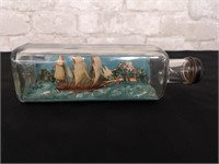 3 Mast ship model and shore scene in a bottle